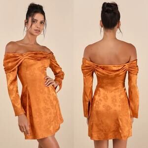 Lulu's Truly Yours Copper Satin Jacquard Off-the-Shoulder Mini Dress